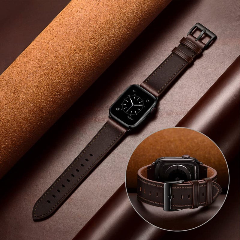 OUHENG Leather Bands Compatible with Apple Watch Band 42mm 41mm 40mm 38mm, Genuine Leather Strap Compatible with Apple Watch Series 11/10/9/8/7/6/5/4/3/2/1 & SE3 SE2 SE, Dark Brown/Black - Image 5